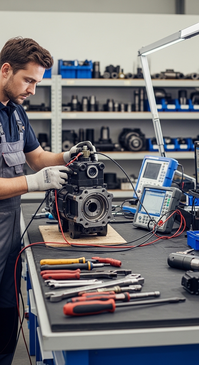 Proceso de reparación de bombas hidráulicas en taller especializado